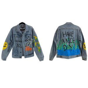 Brooklyn Cloth Painted Graffiti Jean Denim Jacket Size L Men Women Coat Unisex